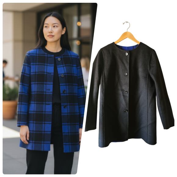 Talbots Jackets & Blazers - Talbots blue black buffalo plaid fleece reversible jacket blazer sz medium